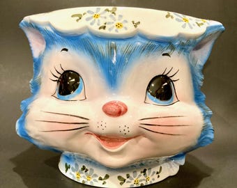 Vintage Lefton Miss Priss Kitty Planter: Blue Anthropomorphic