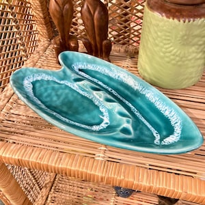 Vintage MCM Atomic Boomerang Ashtray Turquoise Drip Glaze USA 13X6 MidCentury