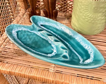 Vintage MCM Mid-Century Atomic Boomerang Ashtray Turquoise Drip Glaze USA 13X6