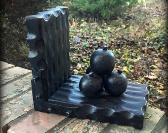 Poison Apples Wooden Bookend. Dungeon, Gothic, Dark Decor. Black Stained, Hand Carved Planks with Antique Metal Hardware. Halloween Display