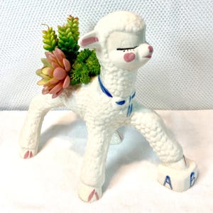 Vtg Large Ceramic Lamb Planter w/ Pink Cheeks, Nursery Flower Pot, Easter Shower Baptism