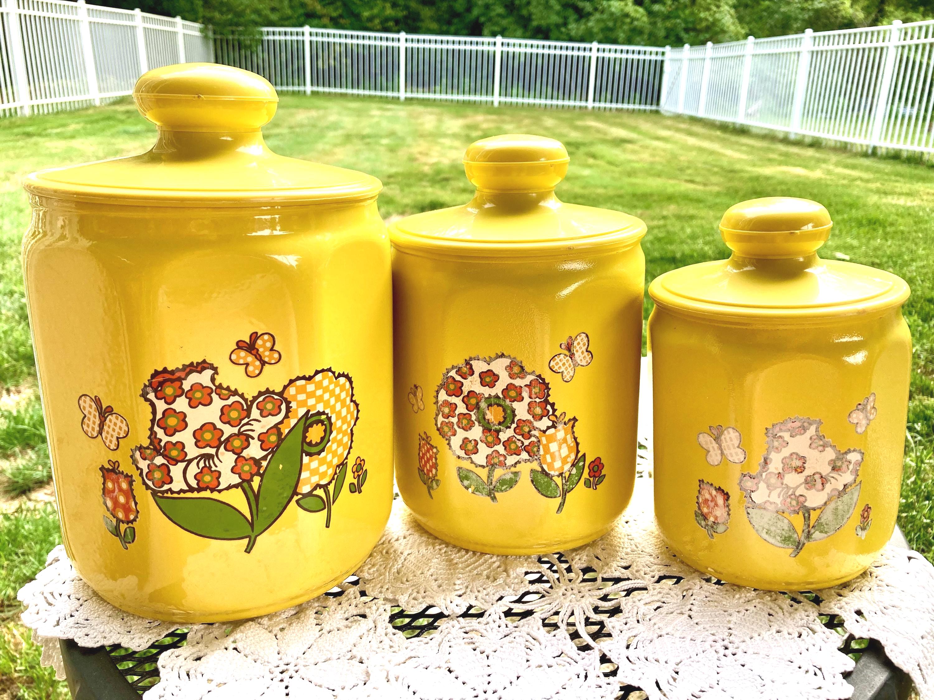 Vintage 70's Aluminum Kromex Yellow Food Canisters Hippy Flowers