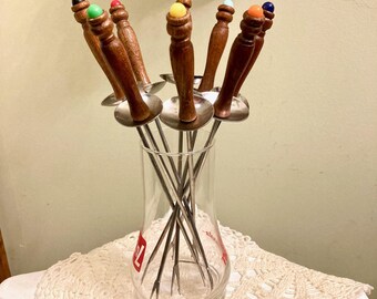Vintage 10" REPLACEMENT Fondue Fork Set 8 Colorful Wood Handle Sword Style 1970s