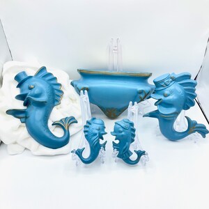 Vintage HTF Fish Family and Planter Wall Plaques, Blue Fish in Hats Ceramic Bathroom Decor, Kitsch