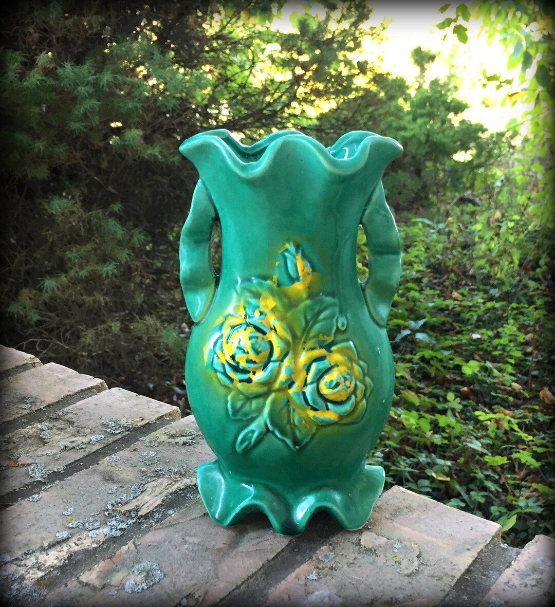 Whimsical Ruffled Vase. Vintage Ceramic Handled Vase With Raised Relief