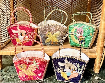 CHOICE Vintage Woven Easter Basket Purse Straw Raffia Bunny Chicks. Vinyl Lining