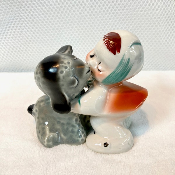 Van Tellingen Mary had Little Lamb Salt Pepper Shaker Huggers, Vintage Ceramic, Grey Lamb Hugging Girl Figurine