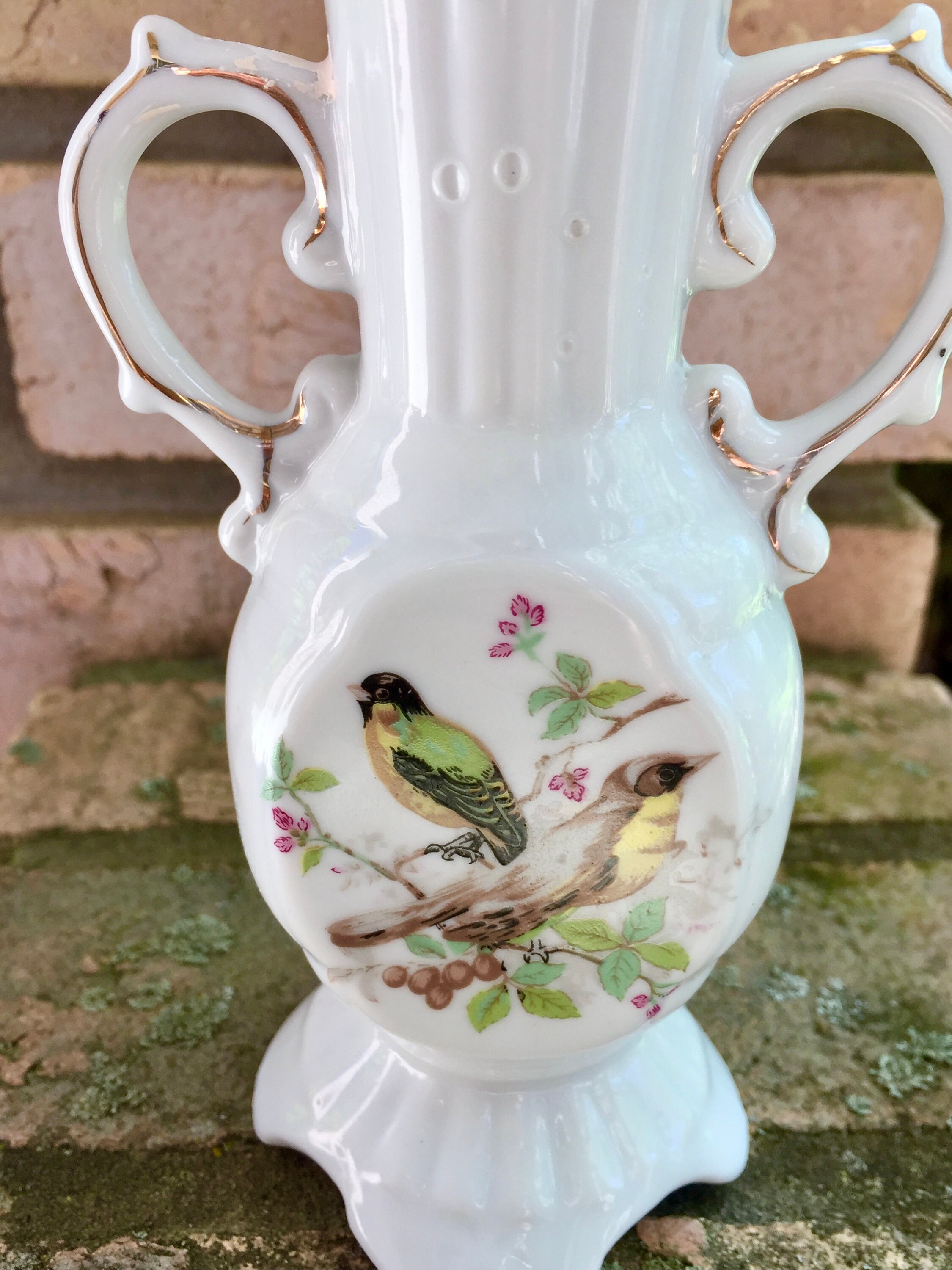 Vintage Vase With Birds Footed and Double Handled Gold Trim Etsy