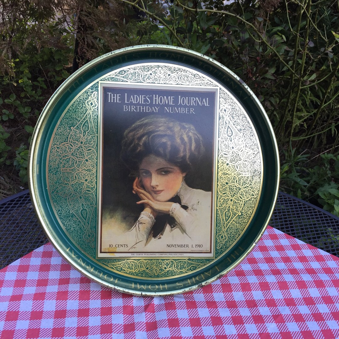 Vintage Tin Serving Tray, Ladies Home Journal 1910, 14 Round Metal Platter, Victorian Wall Decor