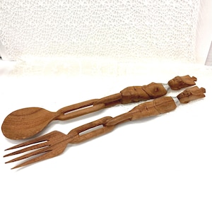 Vintage Hand Carved Wooden Tribal Utensils, African Man Woman Salad Serving Fork & Spoon, Chain Link Handle