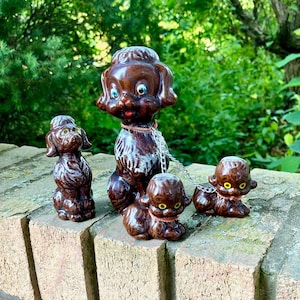 Vtg Redware Poodle Figurines, Chained Family, Chocolate Brown Anthropomorphic Dogs, Made in Japan