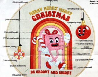 DIY Groovy Bright Christmas Embroidery KIT Colorful Kitschy Anthropomorphic Style