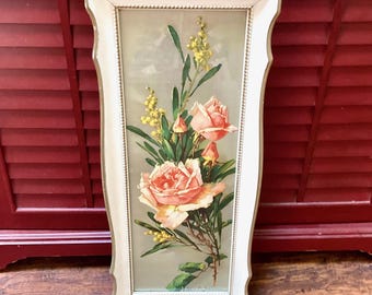 Vintage Turner Wall Art Framed Print Pink Rose MCM 1962 Shabby Cottage Core 9.5x22.5”