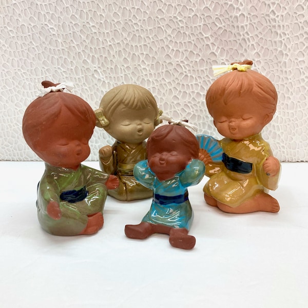 Vintage Japan Children Stoneware Figurines UCTCI, Kids in Kimonos, Redware Pottery Clay w/ Colorful Glazes