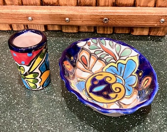 Talavera Mexican Pottery Bowl & Cup, Shot Glass Toothpick Holder Trinket Dish Sugar Bowl