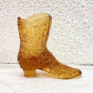 Vtg Fenton Amber Glass Shoe Figurine, Victorian High Heel Granny Boot, Daisy Buttons Vase Toothpick Holder