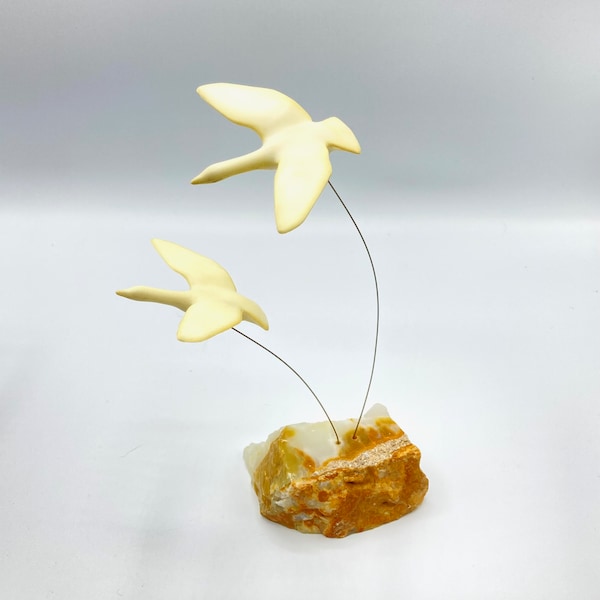Artist Marvin Wernick Kinetic Geese Birds on Wire Sculpture Stone Base, 1974 Original Label Attached, Motion Tabletop Decor