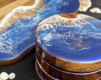 Dessous de verre en résine coulée à la main - Vagues côtières, MDF ou bois d'acacia