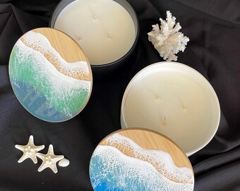 Bougie vagues en résine scintillante – 3 mèches, couvercle en bambou, parfum thé vert