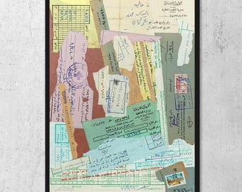 May include: A framed collage of vintage Lebanese documents, receipts, and forms in various shades of blue, green, pink, and tan. The composition features overlapping paper scraps with Arabic text, official stamps, and handwritten notes.
