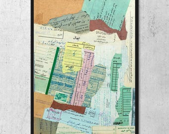 May include: A framed collage of overlapping vintage paper documents, receipts, and forms in shades of tan, mint green, yellow, and pink. The composition features torn edges, handwritten notes, and printed Arabic and French text.