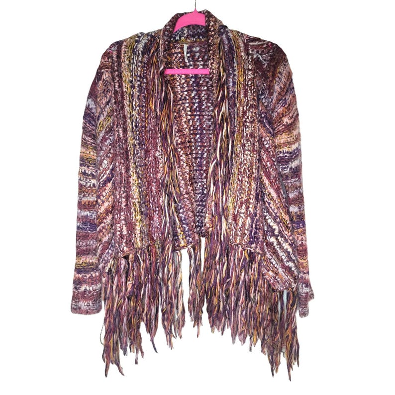 Cárdigan abierto de punto con flecos color burdeos talla XS de Free People imagen 1