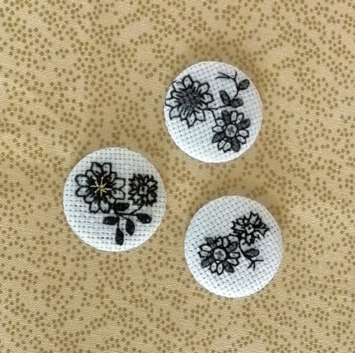 3 Embroidered Blackwork Flower Button Blackwork Embroidered Etsy