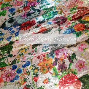 Designer collection garden scene shiny lurex floral animal print brocade, gown, dress, suiting, garden party, kittens bunnies