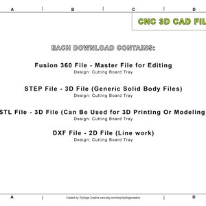 May include: A diagram showing the different file types included in a CNC 3D CAD file download. The file types include Fusion 360, STEP, STL, and DXF. Each file type is described with its purpose and design. The text "EACH DOWNLOAD CONTAINS:" is at the top of the diagram.