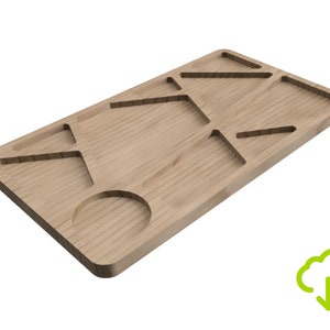 May include: A wooden tray with various geometric cutouts, including triangles, squares, and a circle. The tray is made of light-coloured wood and has a natural finish.