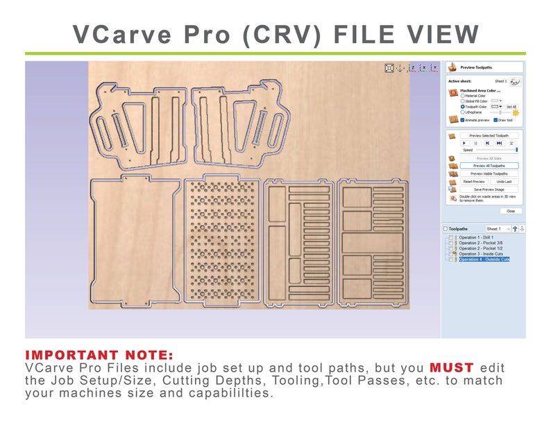 Pode incluir: Uma captura de tela de um software de design auxiliado por computador (CAD) VCarve Pro (CRV) que mostra a visualiza&ccedil;&atilde;o de um projeto de trabalho de madeira. A tela mostra um design detalhado com v&aacute;rias opera&ccedil;&otilde;es e caminhos de ferramentas. O texto "IMPORTANT NOTE: VCarve Pro Files include job set up and tool paths, but you MUST edit the Job Setup/Size, Cutting Depths, Tooling, Tool Passes, etc. to match your machines size and capabilities." &eacute; exibido na parte inferior da tela.