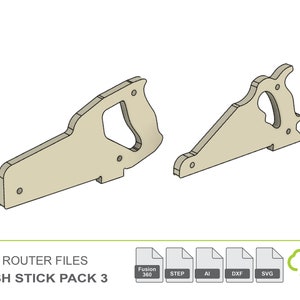 May include: Two CNC router files for push sticks. The files are in the shape of a saw and a triangle. The files are available in Fusion 360, STEP, AI, DXF, and SVG formats.