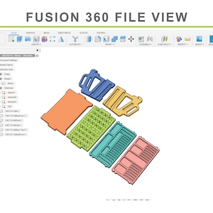 Pode incluir: Um modelo 3D de um projeto de produto em um programa de design auxiliado por computador (CAD). O modelo &eacute; composto por v&aacute;rias partes, cada uma com uma cor diferente. As partes s&atilde;o organizadas de forma que sugerem que fazem parte de um produto maior. O programa se chama Fusion 360.
