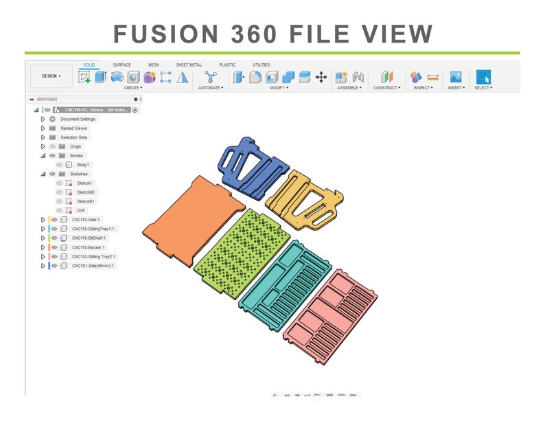 Pode incluir: Um modelo 3D de um projeto de produto em um programa de design auxiliado por computador (CAD). O modelo &eacute; composto por v&aacute;rias partes, cada uma com uma cor diferente. As partes s&atilde;o organizadas de forma que sugerem que fazem parte de um produto maior. O programa se chama Fusion 360.