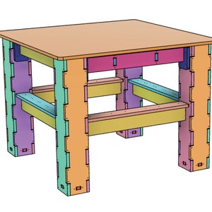 May include: A wooden table with a light brown top and a multi-colored frame. The table has three shelves and is made of plywood.