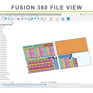 Może przedstawiać: Widok pliku Fusion 360 z modelem 3D stołu. St&oacute;ł składa się z wielu części, w tym n&oacute;g, podp&oacute;r i blatu. Model jest pokazany w r&oacute;żnych kolorach, w tym pomarańczowym, r&oacute;żowym, niebieskim i zielonym.