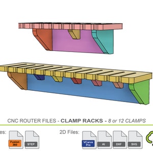Puede incluir: Archivos de router CNC para estantes de abrazaderas, disponibles en formatos 3D y 2D. Los archivos 3D est&aacute;n en los formatos Fusion 360 y STEP. Los archivos 2D est&aacute;n en los formatos VCarve Pro, AI, DXF y SVG.