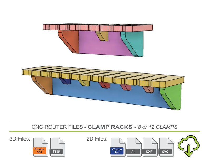 Puede incluir: Archivos de router CNC para estantes de abrazaderas, disponibles en formatos 3D y 2D. Los archivos 3D est&aacute;n en los formatos Fusion 360 y STEP. Los archivos 2D est&aacute;n en los formatos VCarve Pro, AI, DXF y SVG.