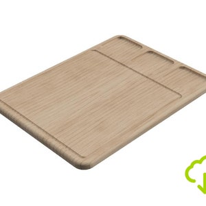 May include: A light brown wooden serving tray with three rectangular cutouts. The tray is made of natural wood and has a smooth, polished finish.
