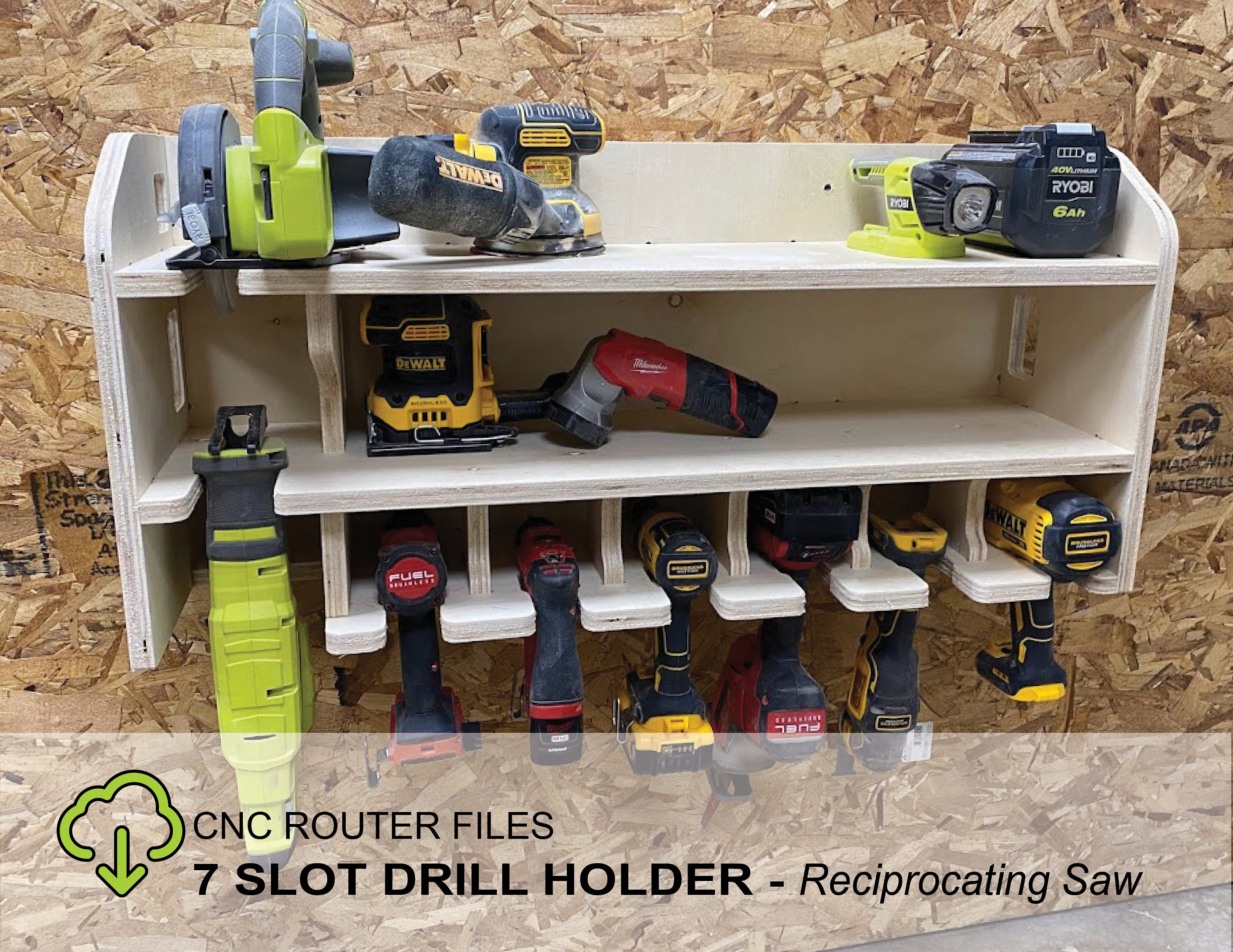 thumbnail interactive-video image 1 of 10-Slot Cordless Drill Organizer - Handcrafted Birch Plywood Tool Storage Rack Made In USA 1 of 6