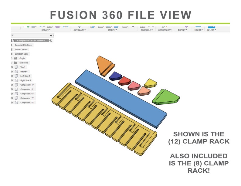 Puede incluir: Un modelo 3D de un bastidor de abrazaderas con 12 ranuras, que se muestra en una vista de archivo de Fusion 360. El bastidor es amarillo y tiene una base azul. El texto "SHOWN IS THE (12) CLAMP RACK ALSO INCLUDED IS THE (8) CLAMP RACK!" es visible en la imagen.