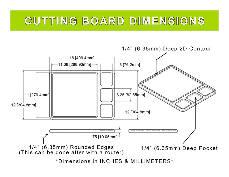 May include: Diagram showing the dimensions of a cutting board with rounded edges and a deep pocket. The board measures 12 inches by 11 inches and has a 1/4 inch deep contour.