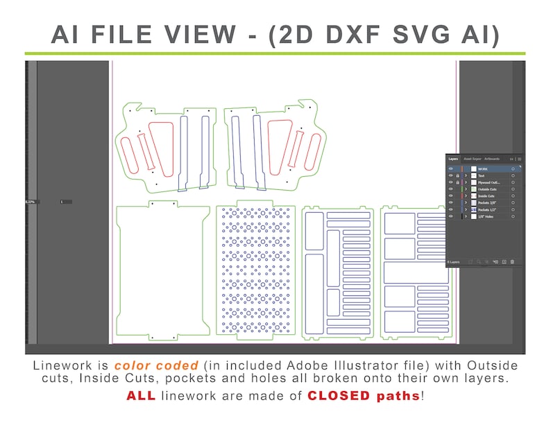 Pode incluir: Um diagrama que mostra as diferentes camadas de um arquivo de design para um projeto. As camadas s&atilde;o codificadas por cores e incluem cortes externos, cortes internos, bolsos e furos. O texto "AI FILE VIEW - (2D DXF SVG AI)" est&aacute; na parte superior da imagem. O texto "Linework is color coded (in included Adobe Illustrator file) with Outside cuts, Inside Cuts, pockets and holes all broken onto their own layers. ALL linework are made of CLOSED paths!" est&aacute; na parte inferior da imagem.