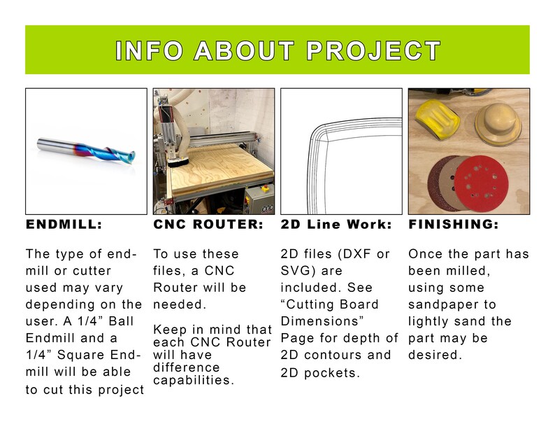 May include: A close-up of a CNC router, end mill, and sanding tools. The image shows the tools and equipment needed for a woodworking project. The text in the image reads "INFO ABOUT PROJECT", "ENDMILL", "CNC ROUTER", "2D Line Work", and "FINISHING".