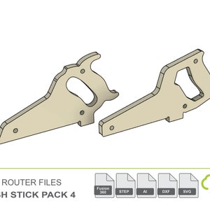 May include: Two saw-shaped push sticks for woodworking, made of wood, with a light brown color. The push sticks are designed to help safely push wood through a table saw or other woodworking machinery. CNC Router Files Push Stick Pack 4.