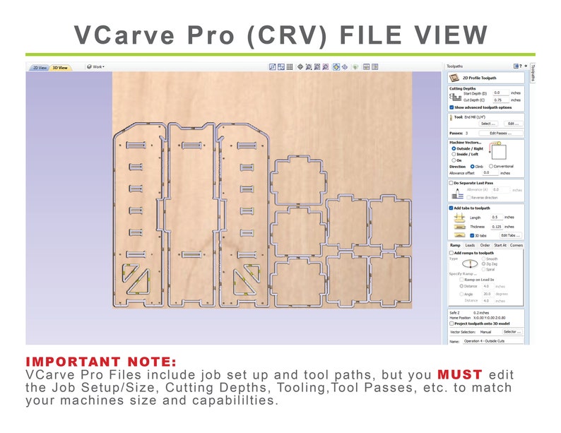 Op de afbeelding: Een computerscherm dat een houtbewerkingsontwerpprogramma genaamd VCarve Pro weergeeft. Het programma toont een ontwerp voor een houten plank met meerdere compartimenten. Het scherm toont ook de instellingen en opties van het programma.