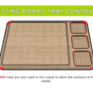 May include: A wooden cutting board with a tray insert. The tray has three compartments, and the edges of the board and tray are outlined in red.