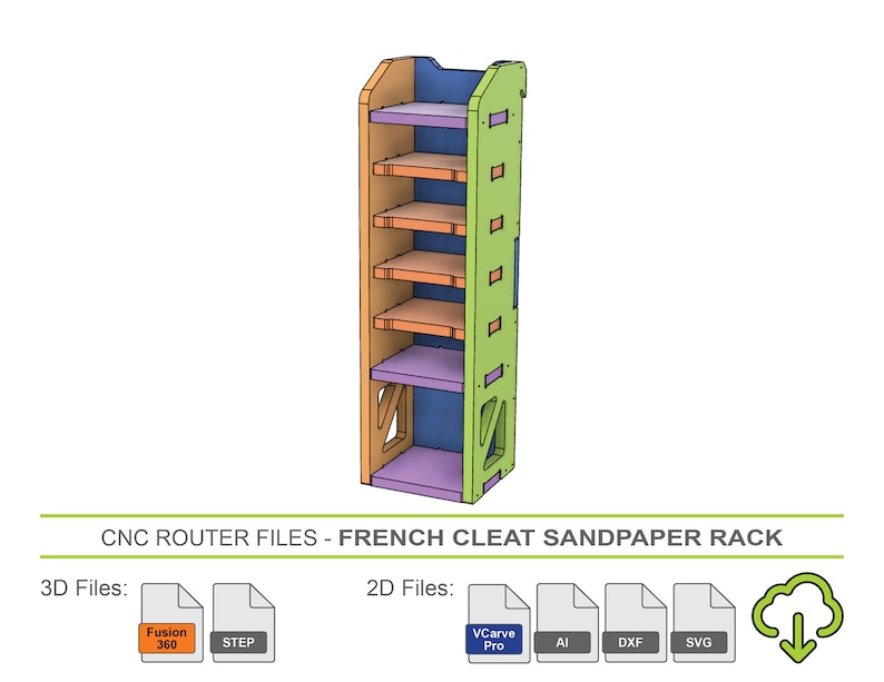 Op de afbeelding: Een 3D-model van een Frans klemrail-schuurpapierrek. Het rek is gemaakt van hout en heeft vijf planken. Het model is weergegeven in een lichtgroen, blauw en oranje kleurenschema. De afbeelding bevat de tekst "CNC ROUTER FILES - FRENCH CLEAT SANDPAPER RACK".