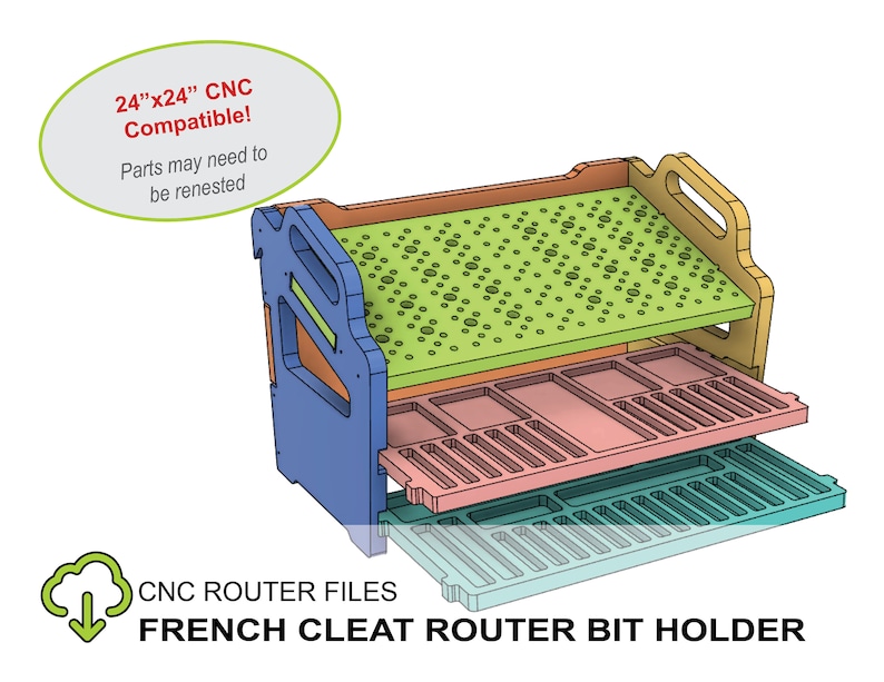 Pode incluir: Um suporte para fresas de roteador de tr&ecirc;s n&iacute;veis feito de madeira com um design de cremalheira francesa. O suporte &eacute; compat&iacute;vel com m&aacute;quinas CNC de 61 cm x 61 cm. O n&iacute;vel superior tem um design de placa de pinos verde, o n&iacute;vel intermedi&aacute;rio tem um design rosa claro com ranhuras para fresas, e o n&iacute;vel inferior tem um design azul claro com ranhuras para fresas.