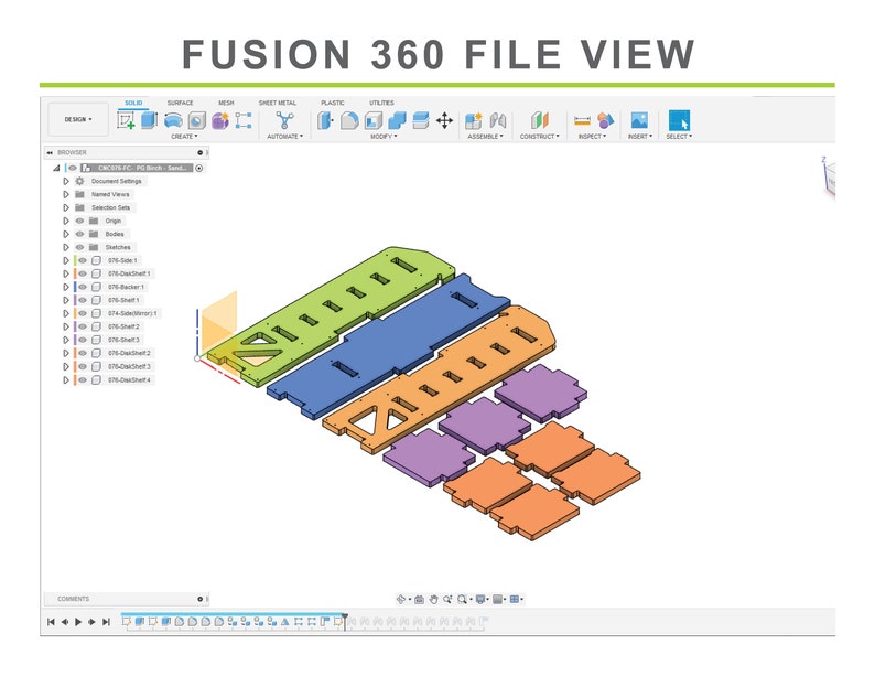 Op de afbeelding: Een 3D-model van een object met meerdere onderdelen, gerenderd in een computer-aided design (CAD)-programma. Het object bestaat uit meerdere onderdelen, elk met een andere kleur en vorm. Het model wordt weergegeven in een 3D-weergave, waarbij de verschillende onderdelen van het object vanuit meerdere hoeken zichtbaar zijn. Het model wordt bekeken in een softwareprogramma genaamd Fusion 360.